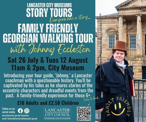 Poster with same info as this page and photo of man in georgian style coat and top hat.